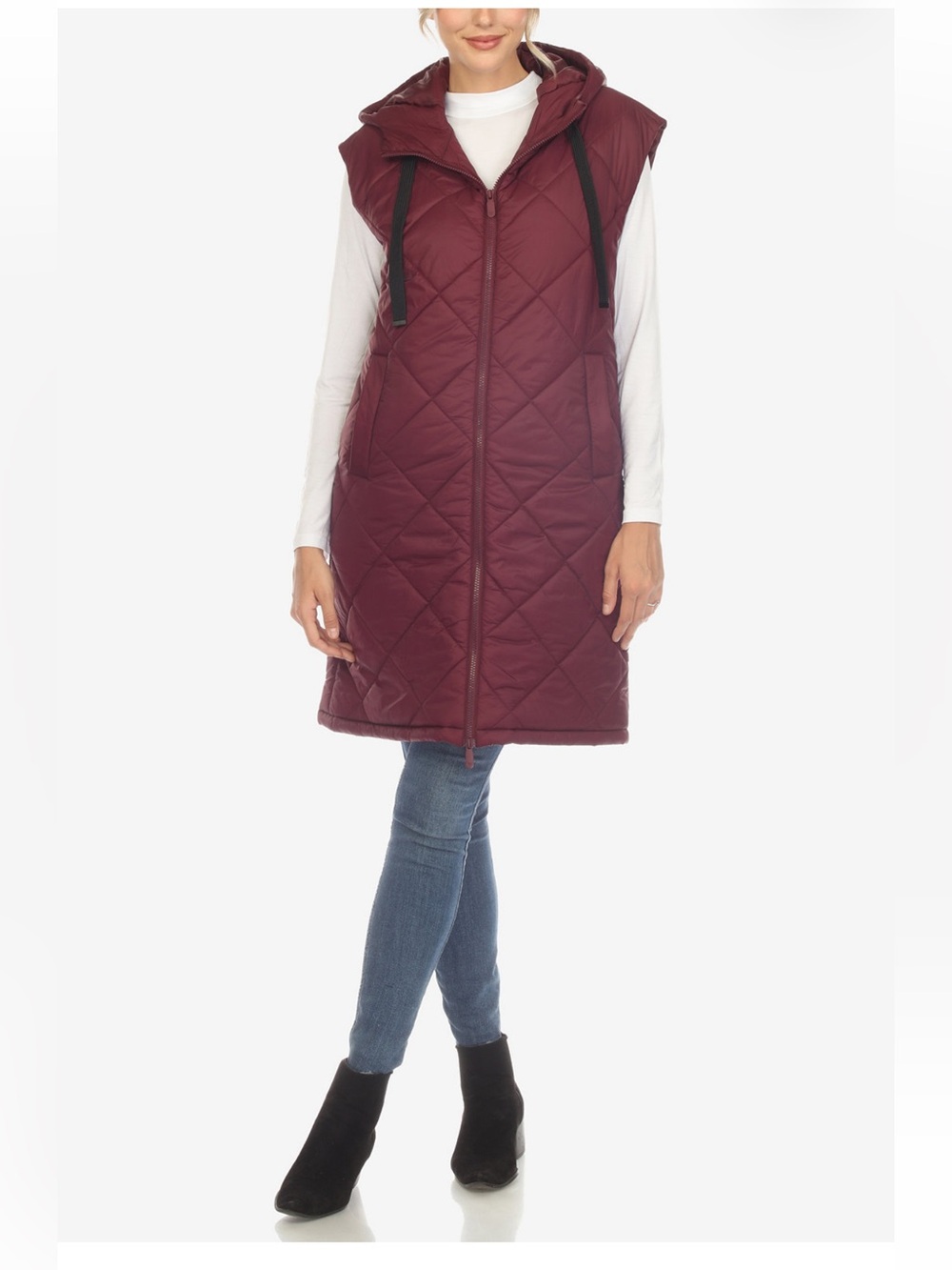 White Mark Quilted Long Hooded Vest in Wine